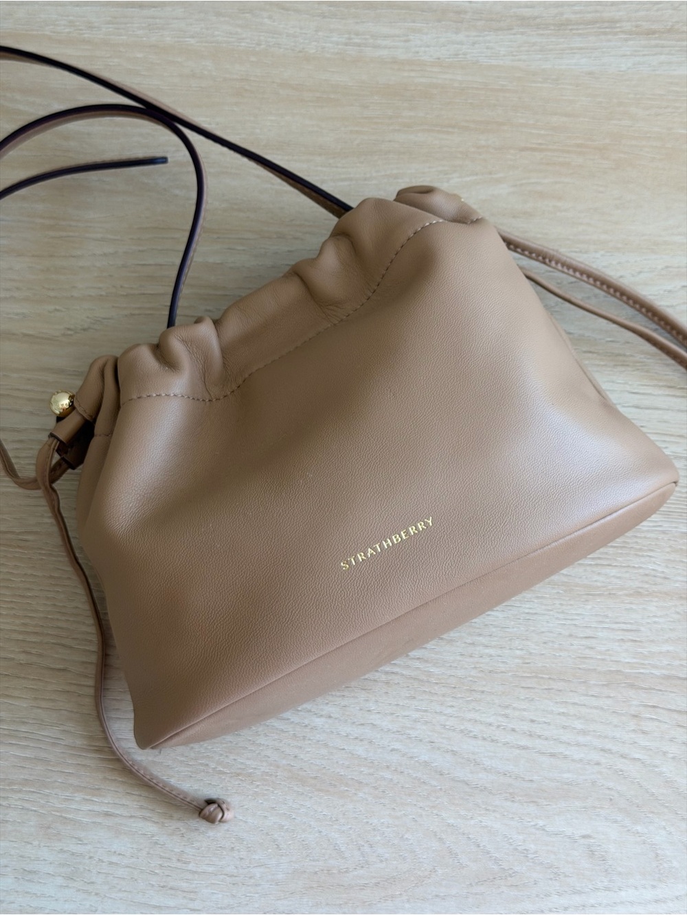 Strathberry Charlotte Drawstring Bag in Tan - Picture 2 of 10